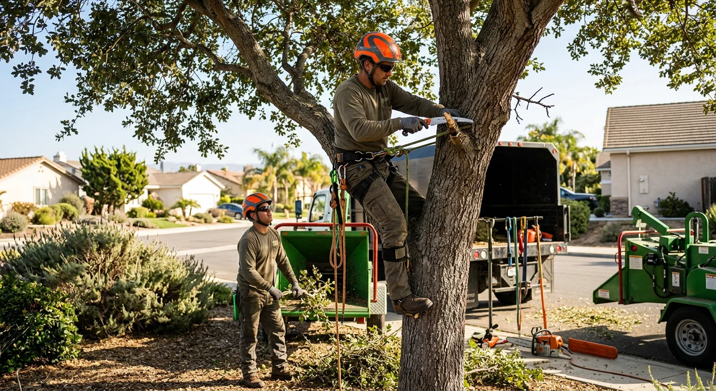 Arborist inspecting rigging and PPE before a tree job in Oxnard