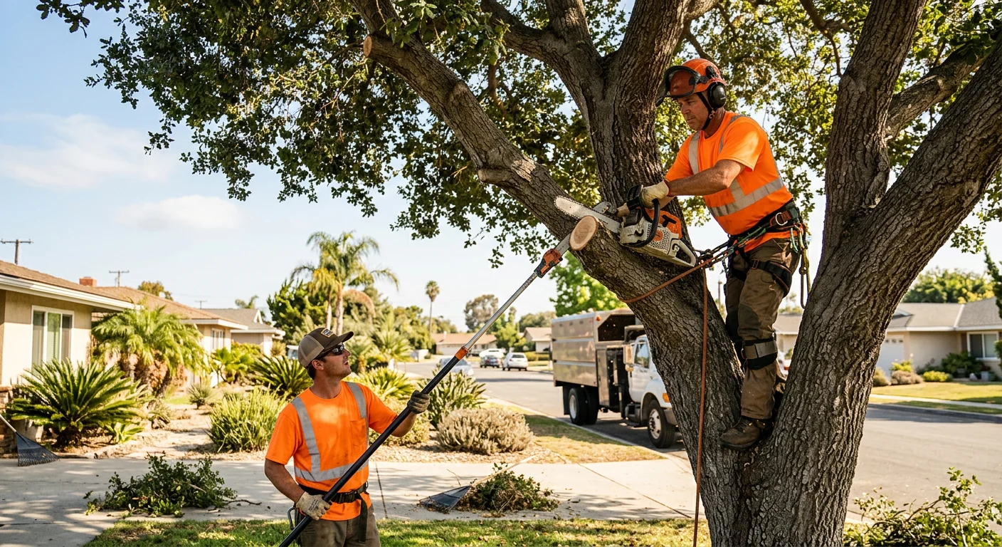 Tree care crew reviewing a maintenance plan with a homeowner in Oxnard