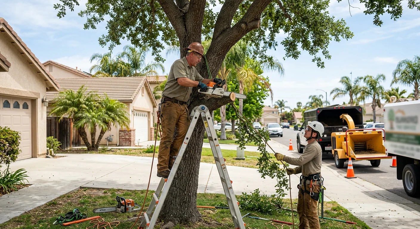 Arborist reviewing tree trimming estimate with homeowner beside a shaded Oxnard backyard