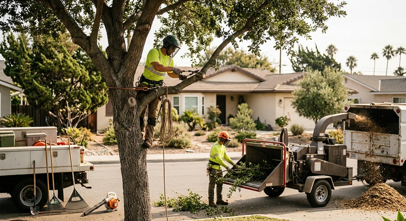 Tree service crew trimming a mature backyard tree in Oxnard