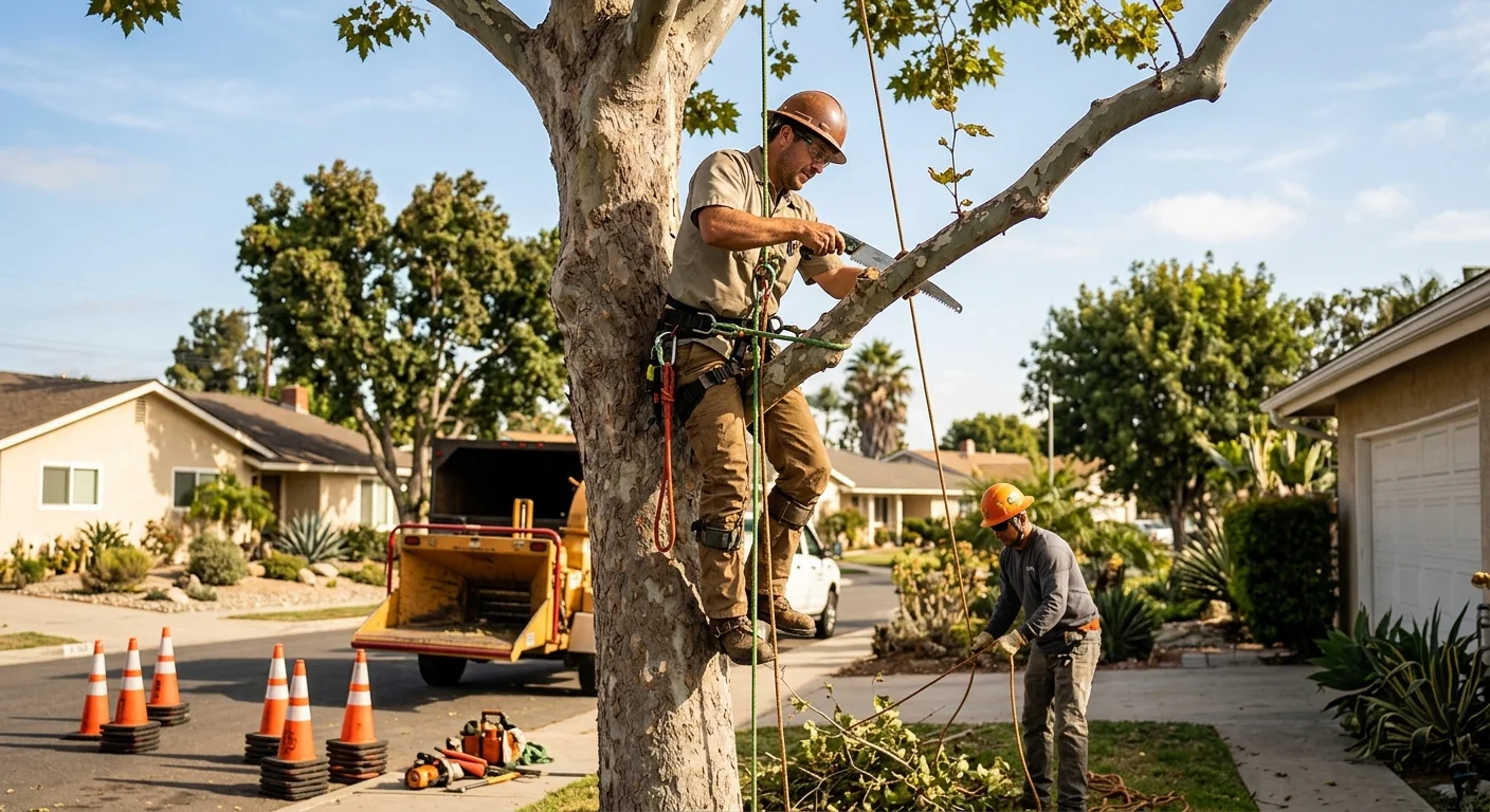 Arborist trimming a backyard tree canopy in a residential Oxnard neighborhood