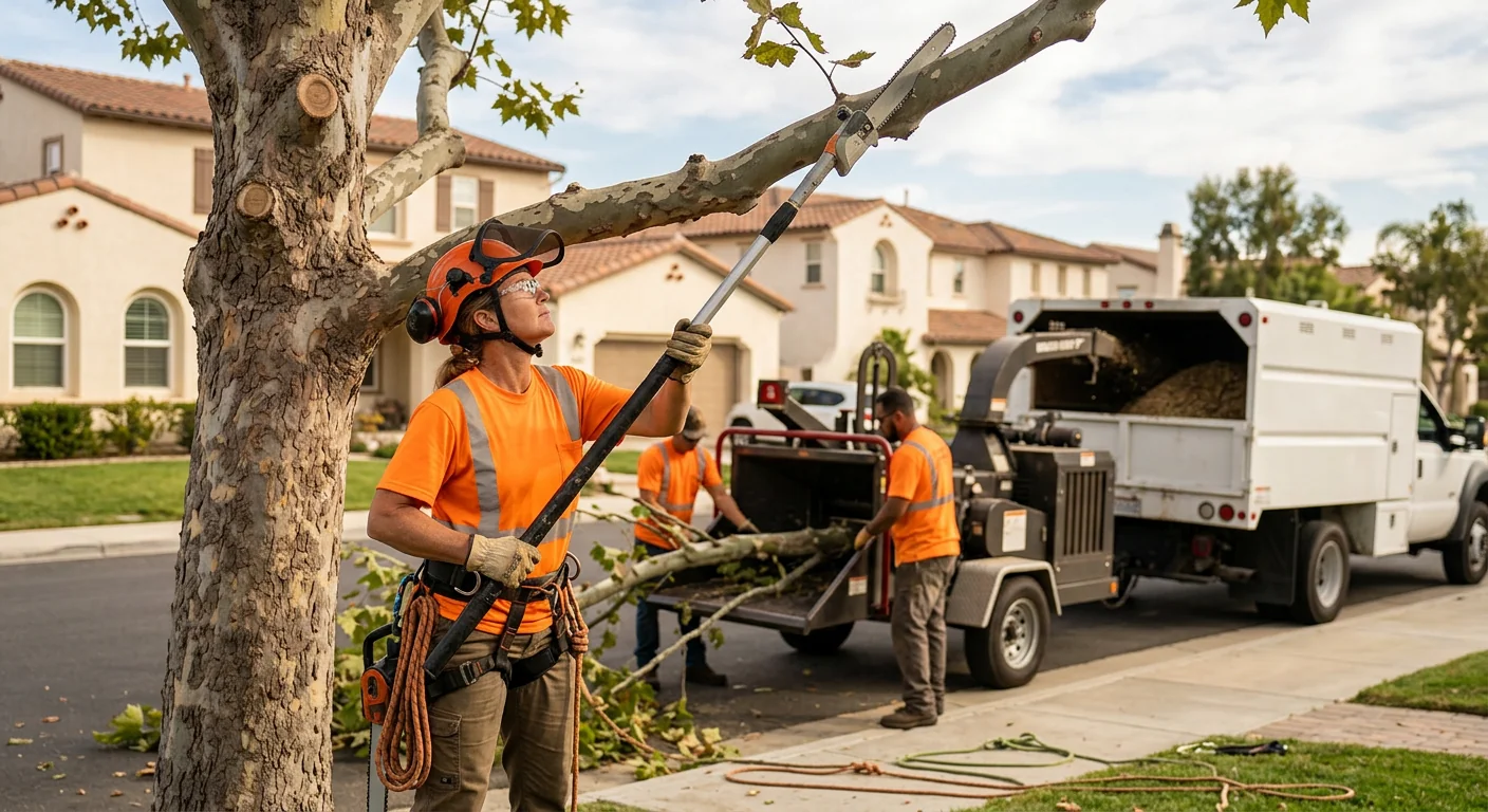 Arborist making a careful pruning cut on a shaded residential tree in Oxnard
