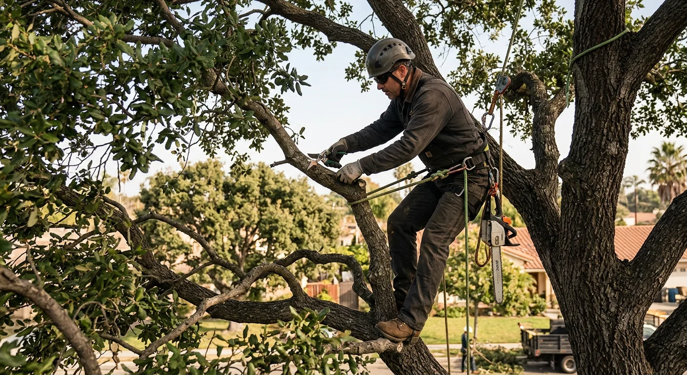 Arborist making a precise pruning cut high in a mature oak canopy