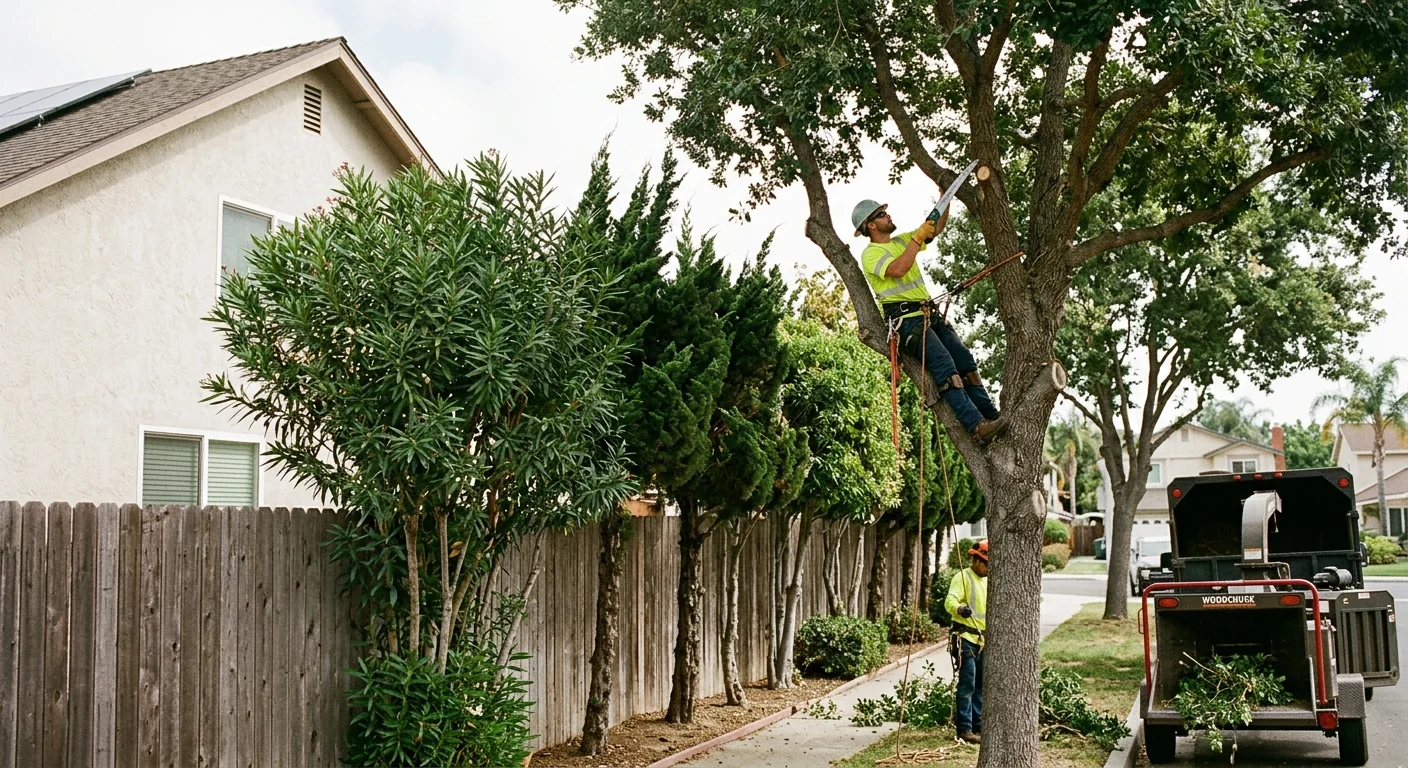 Wide view of a trimmed backyard tree line along an Oxnard residential fence