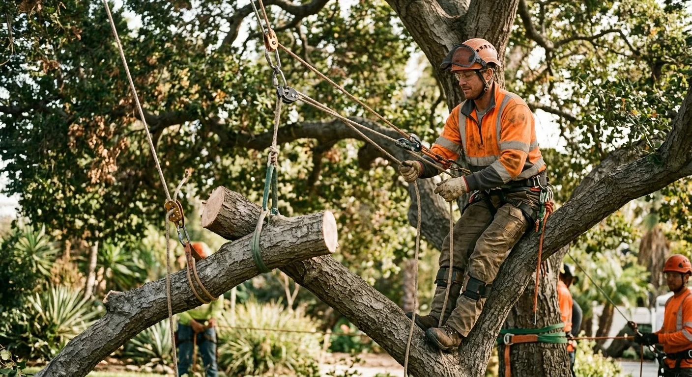 Crew member using rigging ropes to lower a heavy limb safely