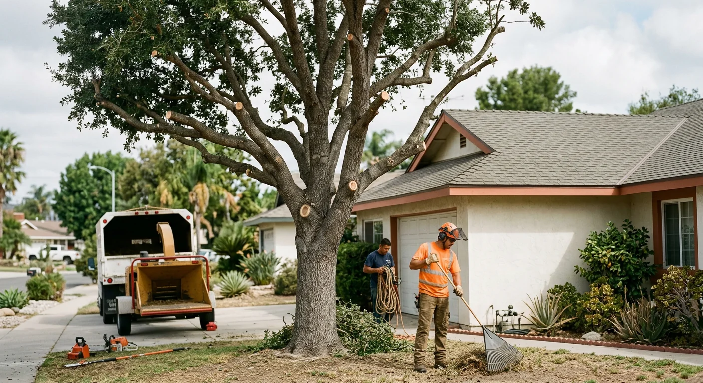 Finished crown reduction on a tall tree near a residential rooftop
