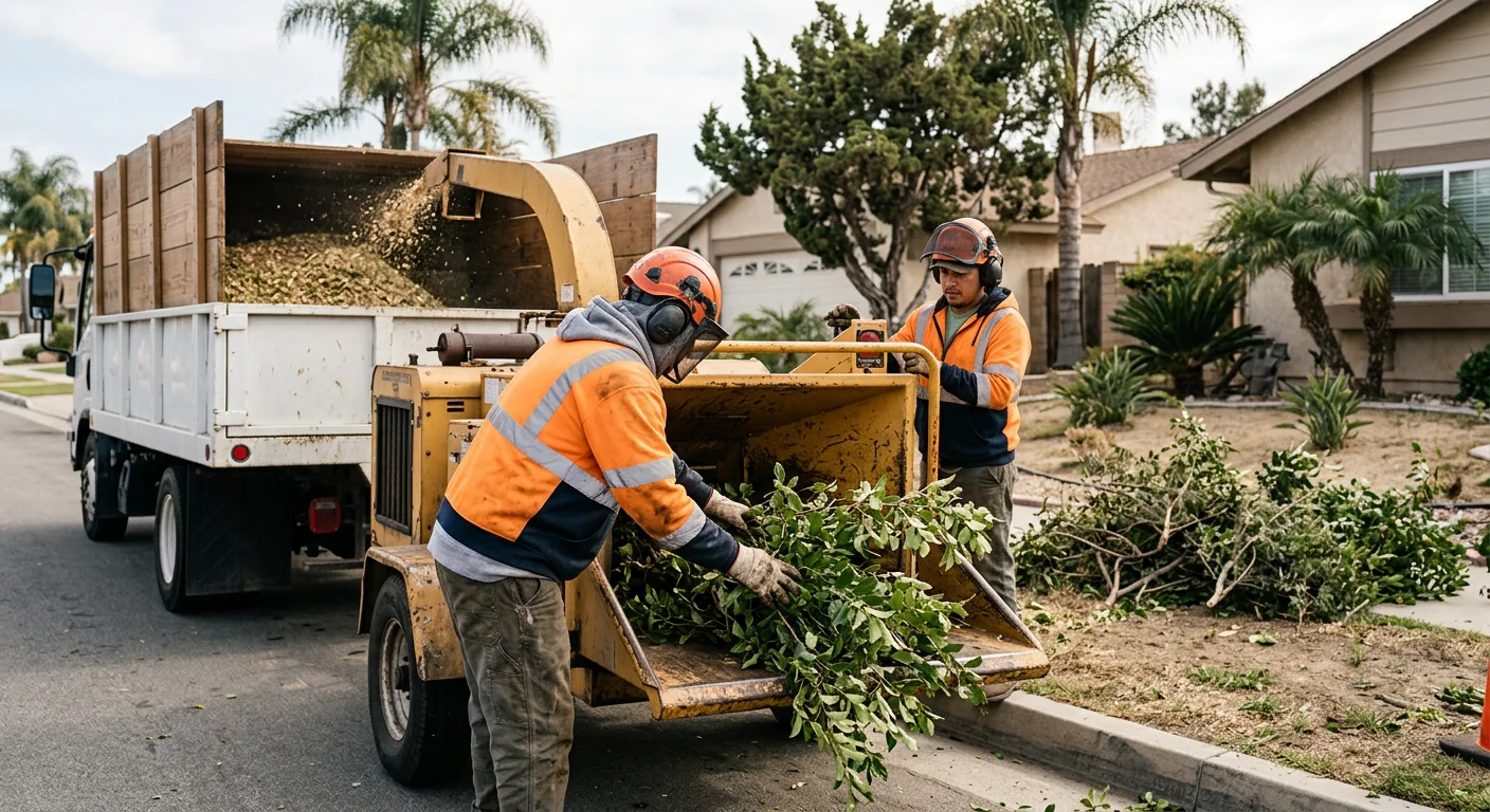 Ground crew chipping trimmed brush during yard cleanup