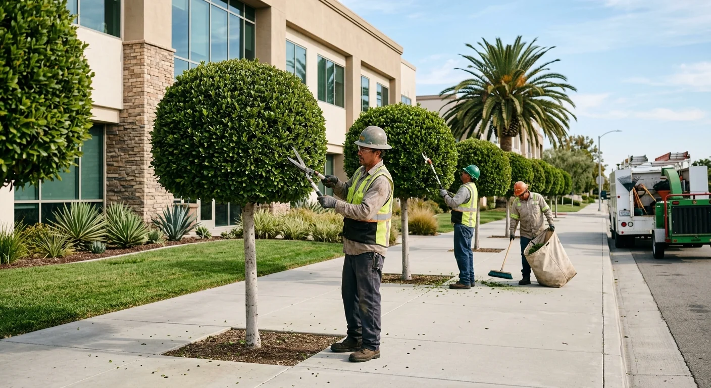 Neatly shaped ornamental trees lining a commercial property frontage