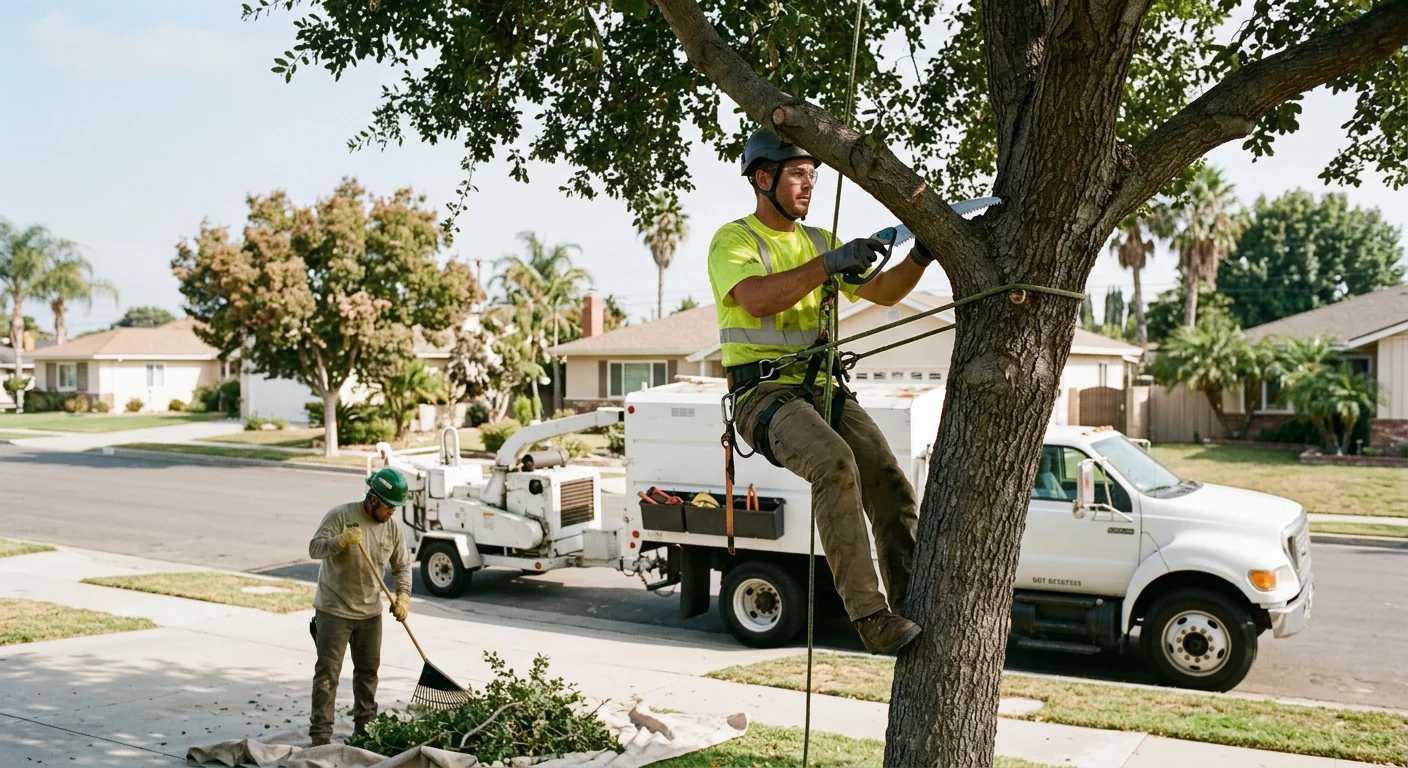 Family tree care crew reviewing a completed trimming job with a homeowner in Oxnard